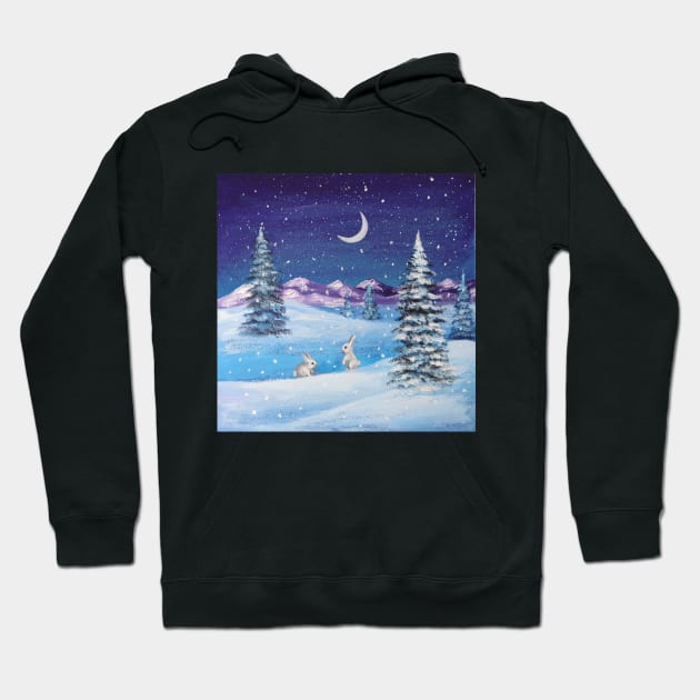 snowy mountain pine tree snow night scenery winter bunny Hoodie by Tina